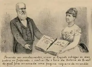 A Princesa Isabel entrega ao Imperador Dom Pedro II o livro da história do Brasil